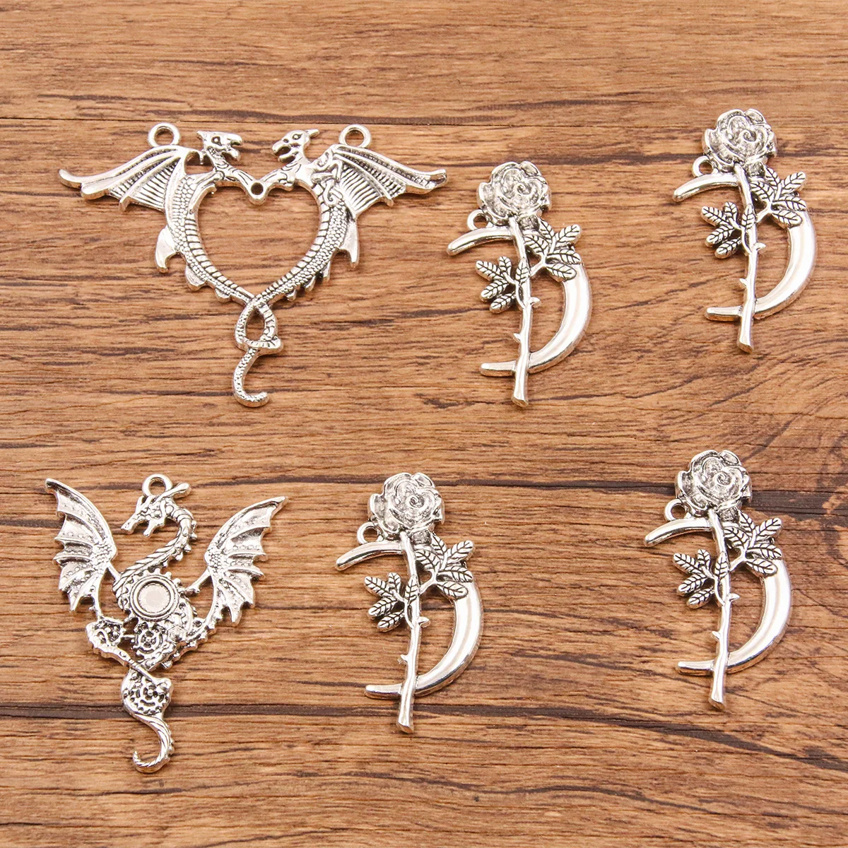 6PCS 3 Style Wholesale Metal Alloy Chinese Loong Charms Valentine's Day Ros Pendant For Jewelry Buckle Making DIY Handmade Craft