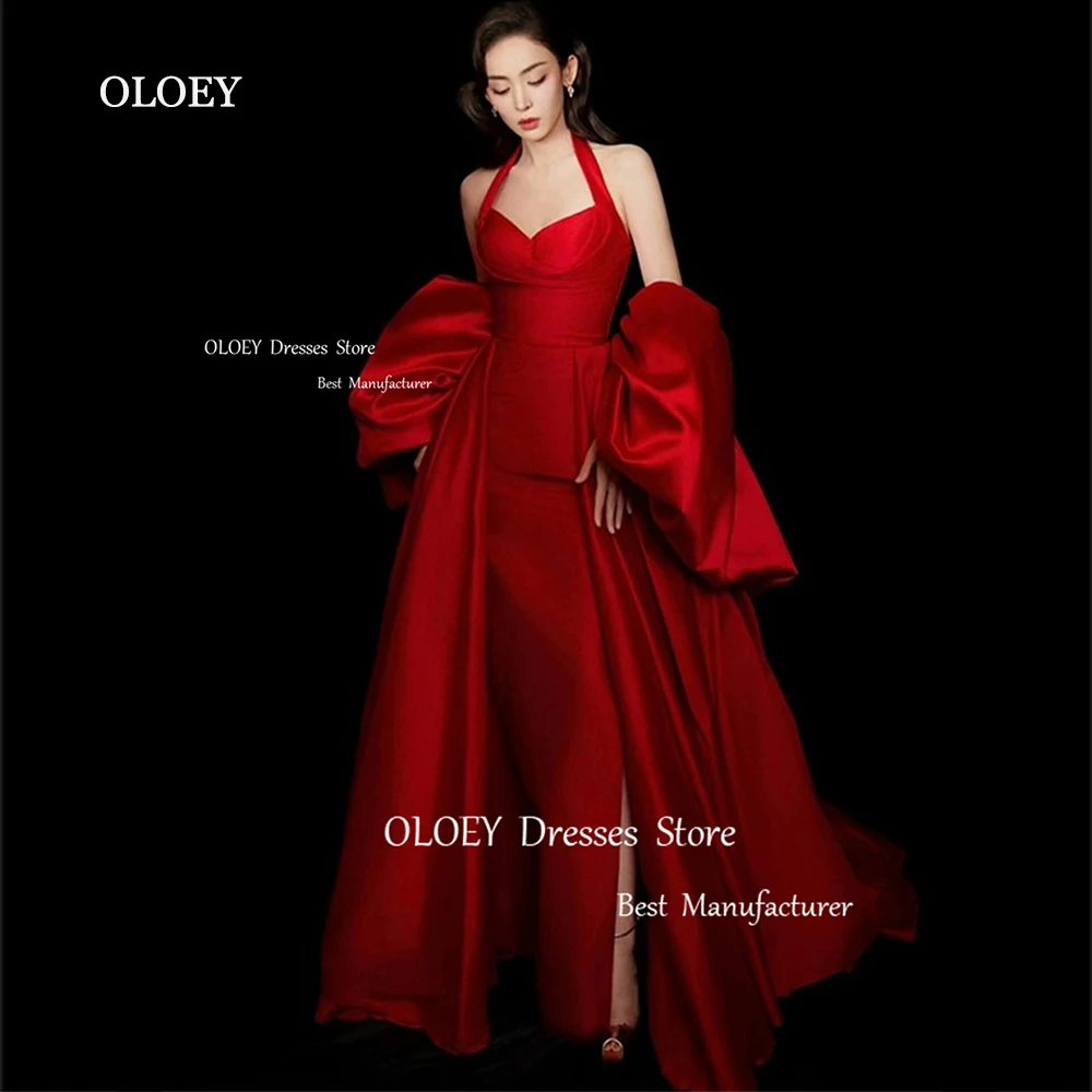 

OLOEY Elegant Red Evening Dresses Wedding Photo Shoot Halter Satin Party Dress Floor Length Sweep Train Prom Gowns Zipper Back