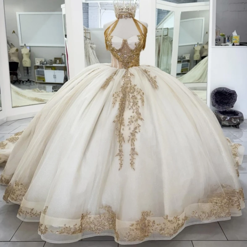 

Ivory Shiny Quinceanera Dresses Ball Gown Off The Shoulder Applique Lace Beads Tull Party Birthday Sweet 16 Dress Vestidos De 15