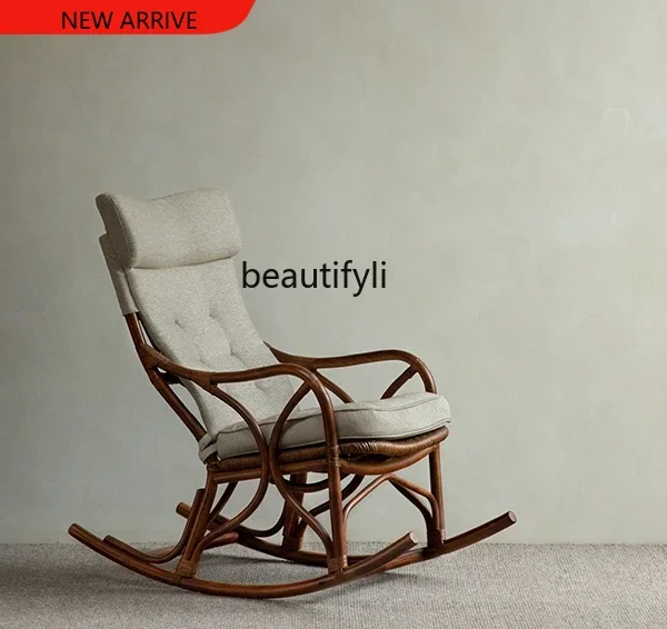 X A15 Southeast Asia Rattan Art \Indonesian Natural Real Rattan Hand-Woven Japanese Retro Balcony Casual Rocking Chair Recliner