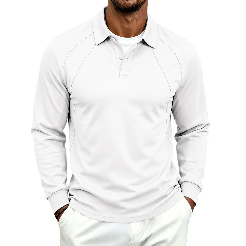 B&C Men Polo Sweatshirt Long Sleeve Button Down with Contrast Piping Raglan Sleeve Casual Top