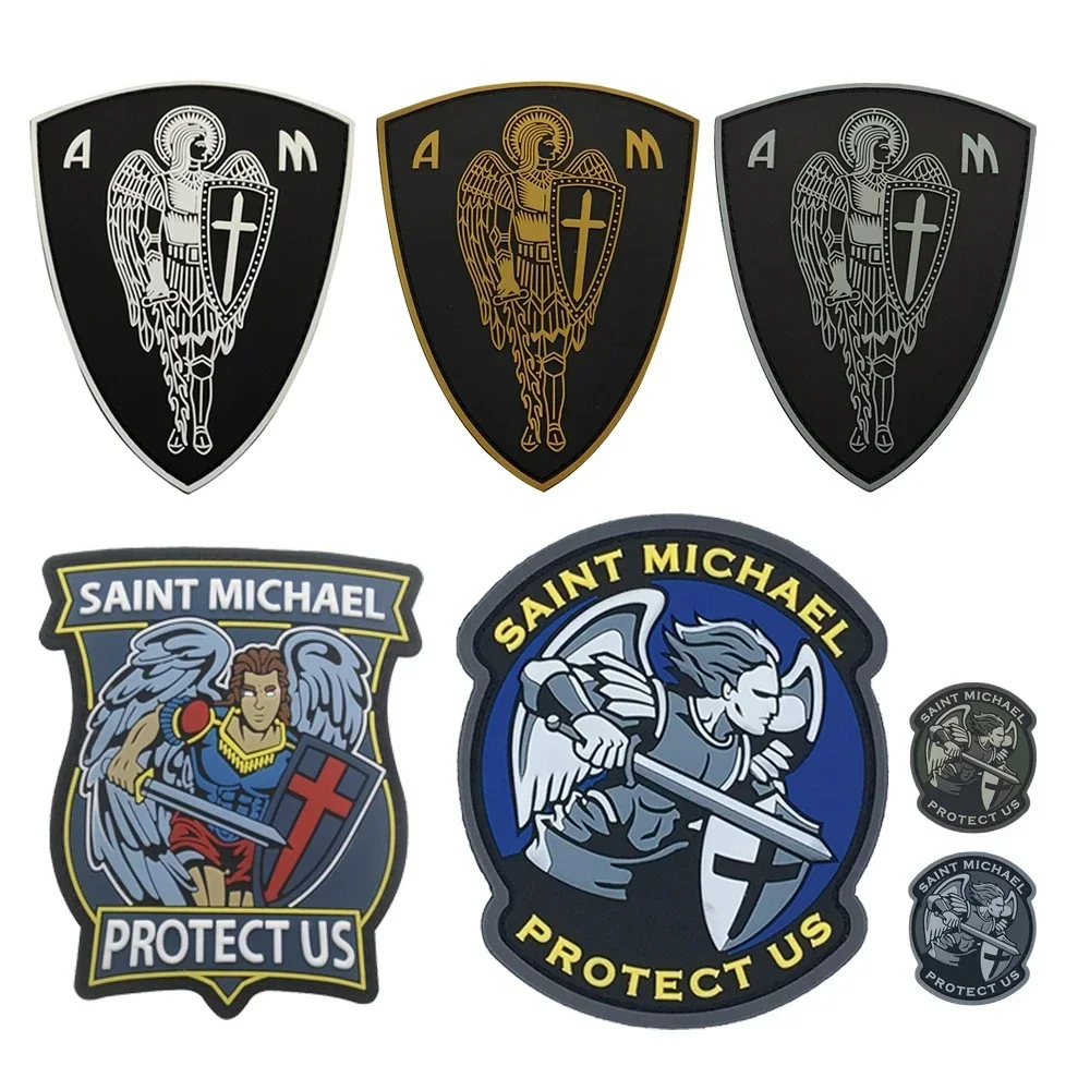 PVC Saint Michael Protect Us Morale Badge on Backpack Sticker Hook&Loop Fastener Modern Tactical Angel Patches Military Emblem