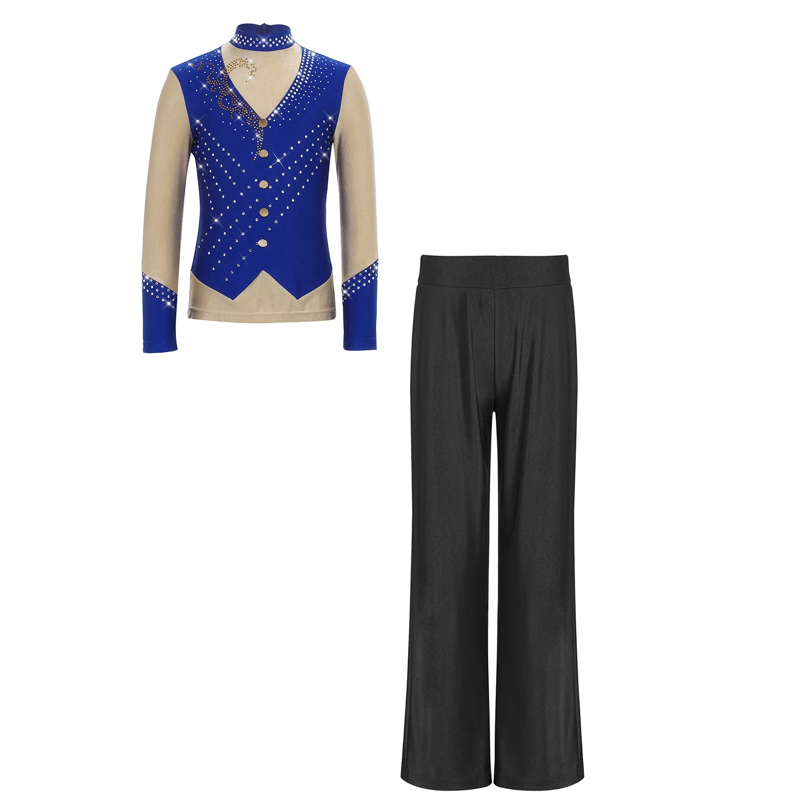 

Kids Boys Ice Figure Skating Jazz Tango Dance Performance Costumes Outfit Sparkly Rhinestones Long Sleeve Zipper Top with Pants