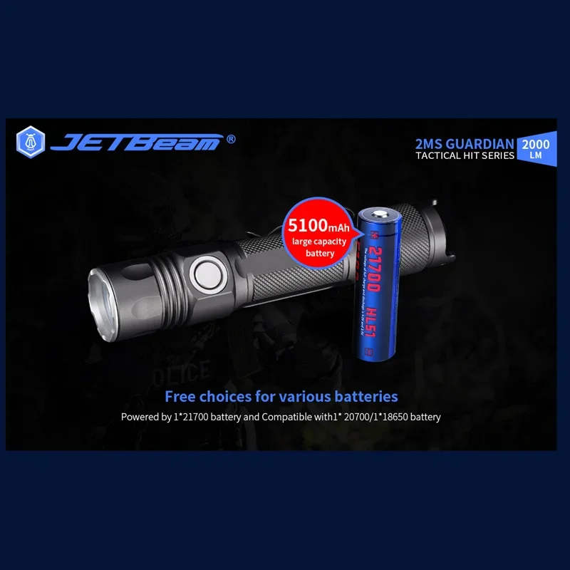 JETBEAM JET-2MS 2000 Lumens Rechargeable Tactical Flashlight With 5100 mAh Battery For Self-defense