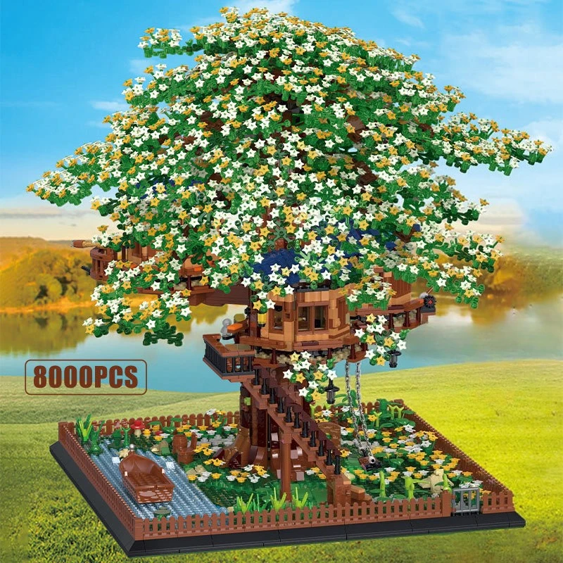 MOC 별빛나는 트리 하우스 꽃다발 빌딩 블록 세트 하늘 빛나는 정원 소원 숲 오두막 DIY 장난감 생일 선물