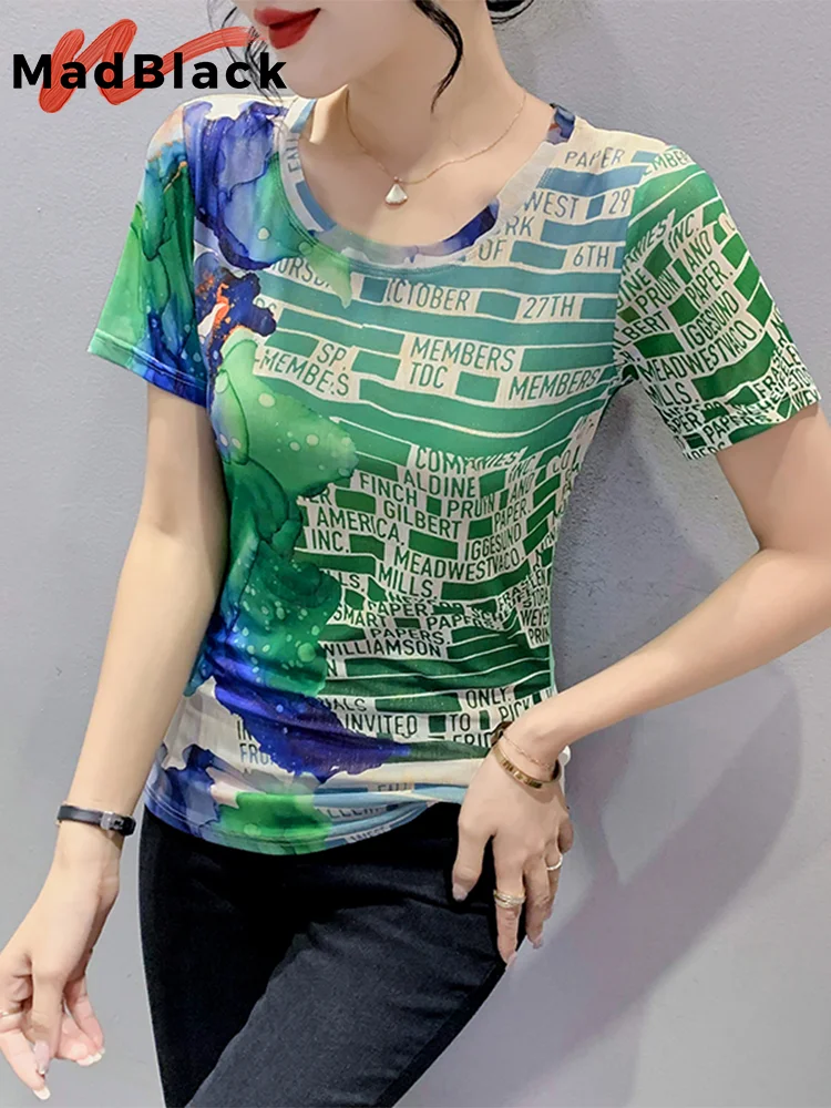 

MadBlack O Necks Tshirt Summer European Clothes Sexy Women Short Sleeve Creative Letters Printed Slim Tops Bottoming TeesT33217Z