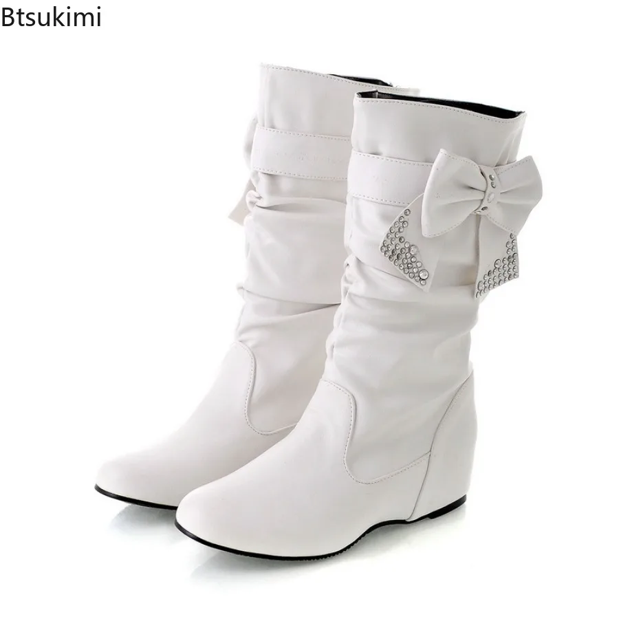 New Women's Butterfly-knot PU Fabric Boots Luxury Round Toe Wedge Shoes Rain Shoes Fashion Wedges Mid Calf Ladies Mid-Calf Boot view 2