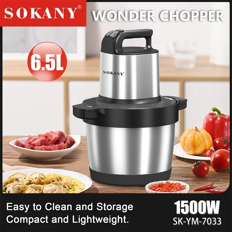 

Кухонная мясорубка из нержавеющей стали 1500 Вт, 6,5 л, 3 передачи, мощный двигатель, 4-слойное лезвие, измельчитель овощей, мясорубка для лука и чеснока