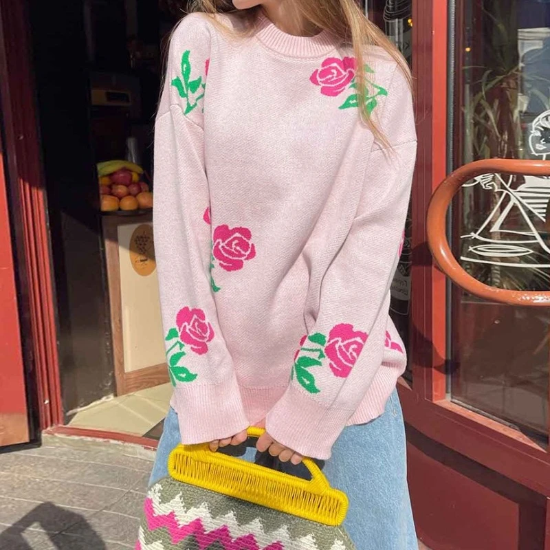 

Round Neck Rose Sweater 2025 Autumn and Winter Loose Multicolor Sweet Women's Sweat