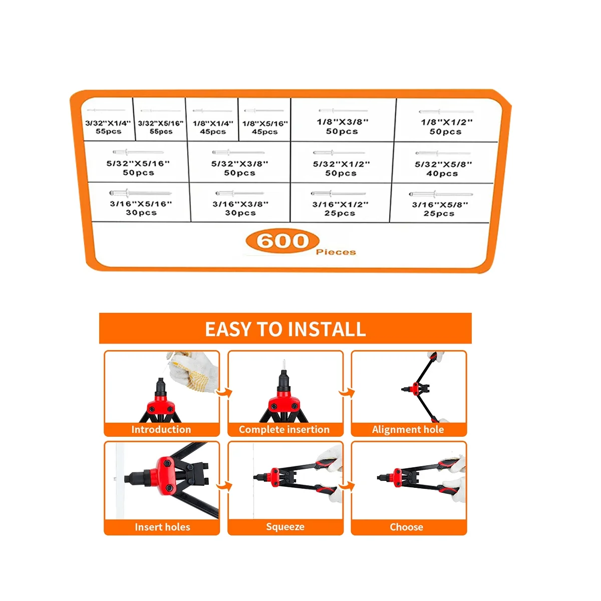 600Pcs paku keling Pop bermacam-macam Kit, 14 ukuran aluminium paku keling 3/32 inci 1/8 inci 5/32 inci 3/16 inci, berbagai macam paku keling