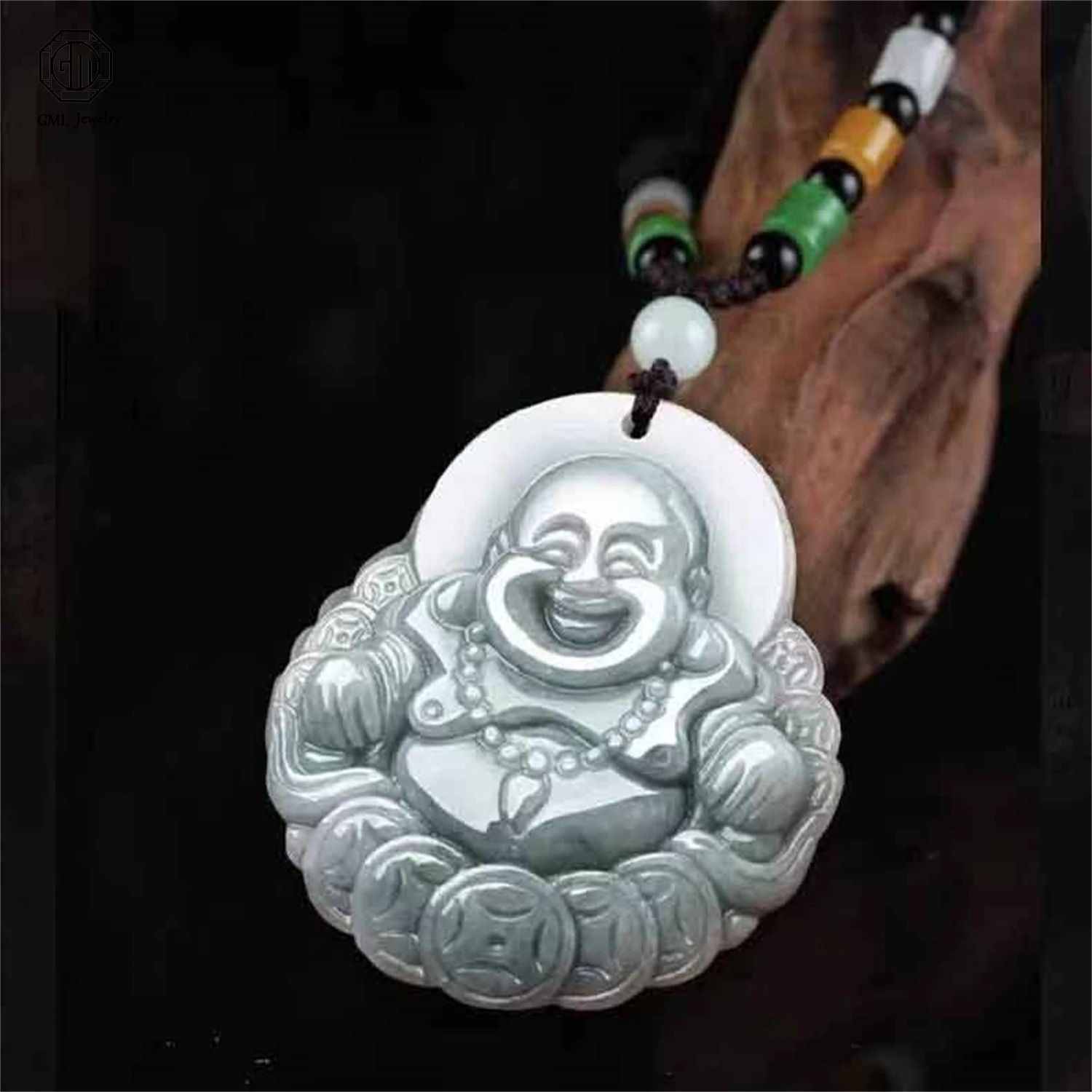 Natural Grade A Jadeite Rice Grain Money Laughing Buddha Maitreya Wealth Pendant Unisex Men Women Gemstone Necklace Jewelry Gift