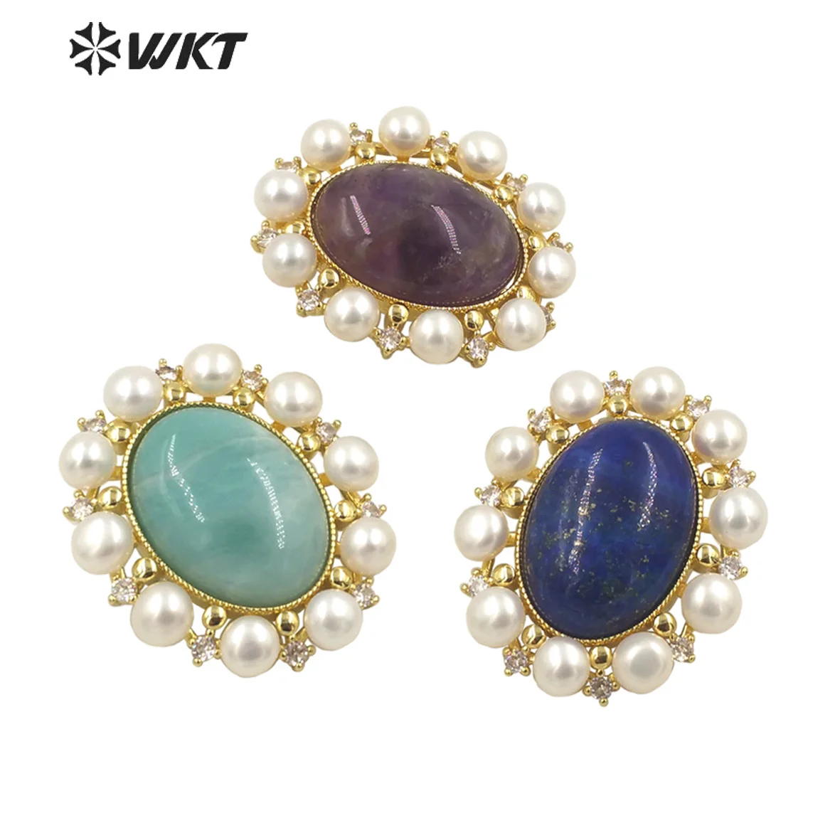 

WT-MP250 WKT newest fashion gold bezel natural oval gemstone pendant elegant freshwater pearl big pendant for neckalce design