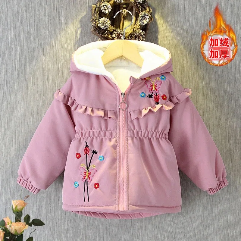 1 2 3 4 5 6 7 Years Baby Girls Coat Plus Velvet Warm Autumn Winter Kids Jacket Windbreaker Hooded Children\'s Outerwear Clothing