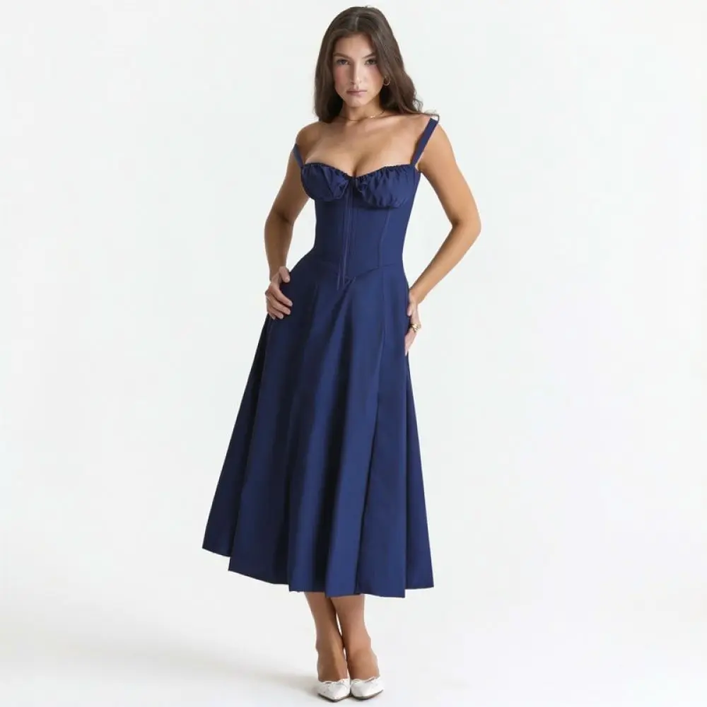 Fashion Women Summer Dress Spaghetti Strap Slim Fit Elegant Casual Sleeveless Solid Color Long Office Vacation Gown