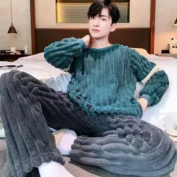 Pajamas Men's Winter Flannel Thickened Fleece Coral Fleece Winter Pullover Homewear Large Size Set Comfortable and Simple
