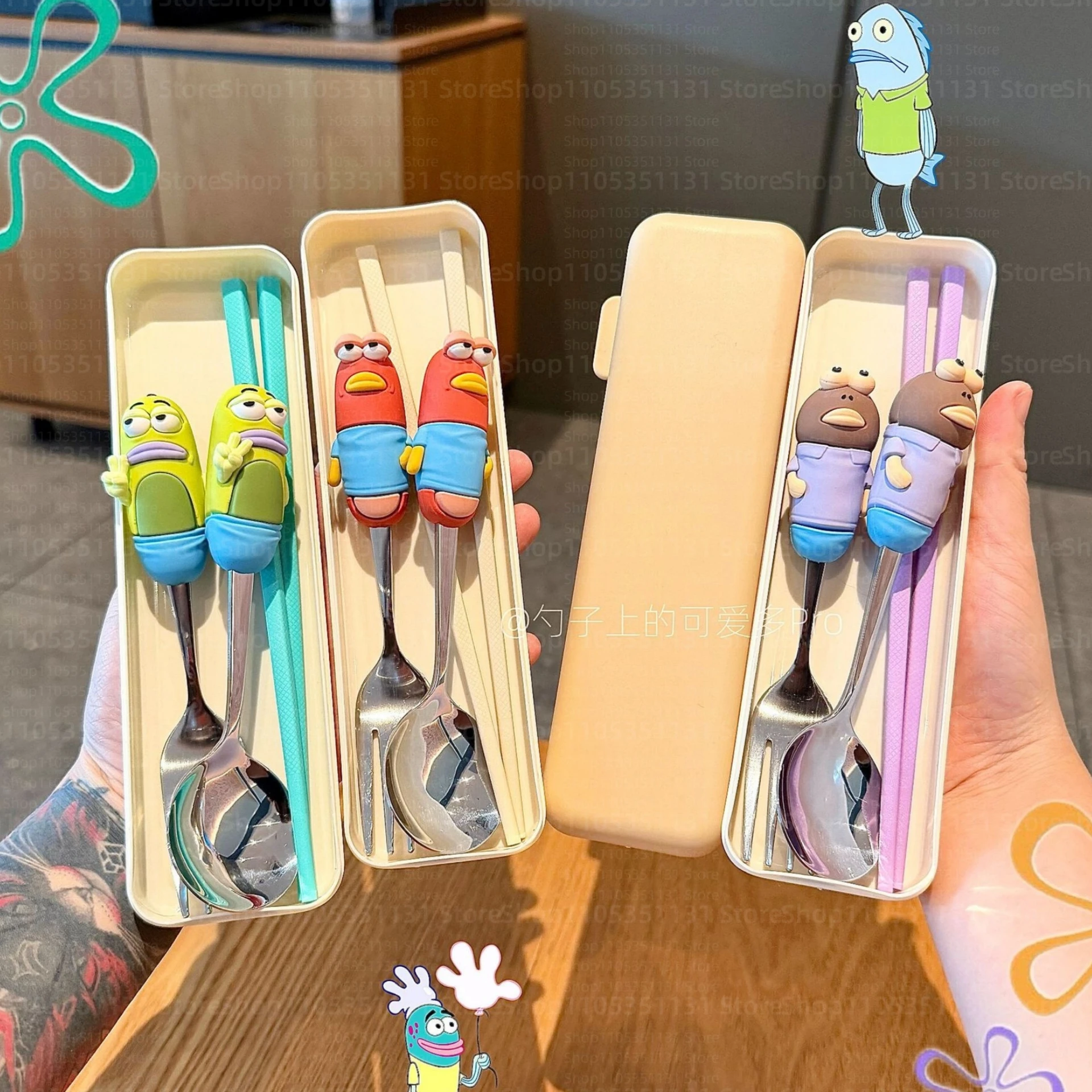 SpongeBob Bikini Bottom Citizens Spoon Fork Set 304 Stainless Steel Ugly Cute Fish Figure Cartoon Flatware Kawaii Tableware Gift