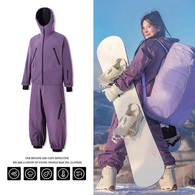 

Women Men Ski Clothes Outdoor Skiing Suit Sports Hooded Sweater Ski Set Waterproof Windproof Warm Violet American Snow Wear Pant