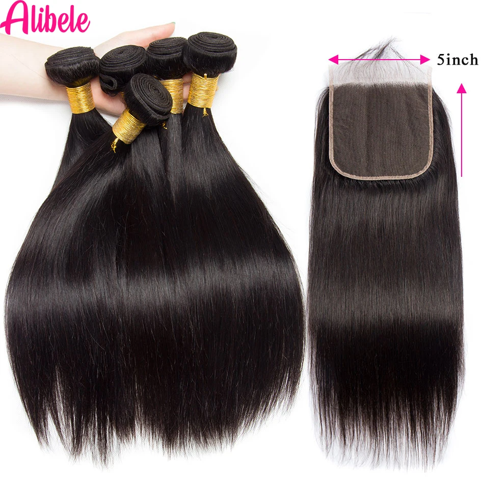 Alibele Straight Hair Bundles With 5x5 HD Closure Brazilian Hair Bundles With 4x4 Closure Human Hair Weave Bundles With Closure