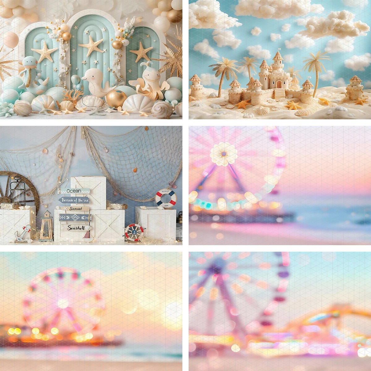 

Летние пляжные фоновые пейзажи: Рояльный замок, карго-фургон, карусель, колесо обозрения