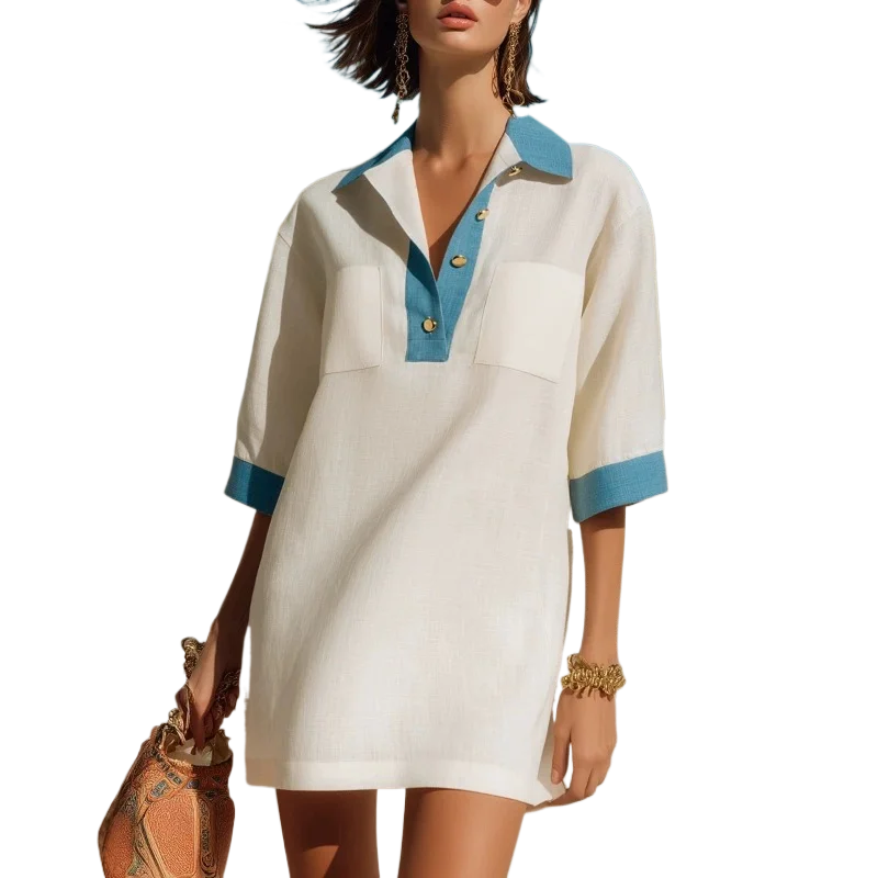 Casual Loose Linen Shirt Dress - Elegantes Sommer-Poloshirt-Kleid für Damen mit Kontrast-Taschen,
