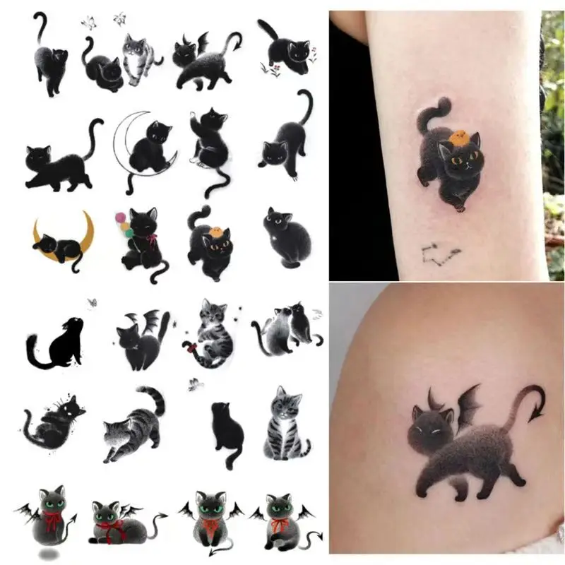 Cute Cat Tattoo Stickers  Black Cat Personality Waterproof Durable Temporary Tattoo Art Men and Women Cartoon Fake Tattoo Set