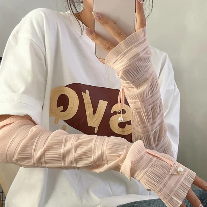 2026 Summer Ice Silk Sun Protection Sleeves Women Outdoor Bike Driving UV Protection Sleeve Woman Loose Pearl Bow Sleeved