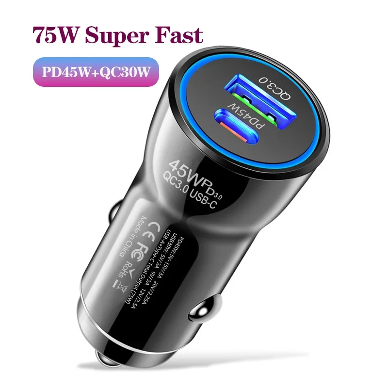 

2Port 75W Car Charger QC3.0/PD45W Fast Charging Car Phone Charger Adapter for iPhone iPad Xiaomi Huawei Samsung Quick Charger