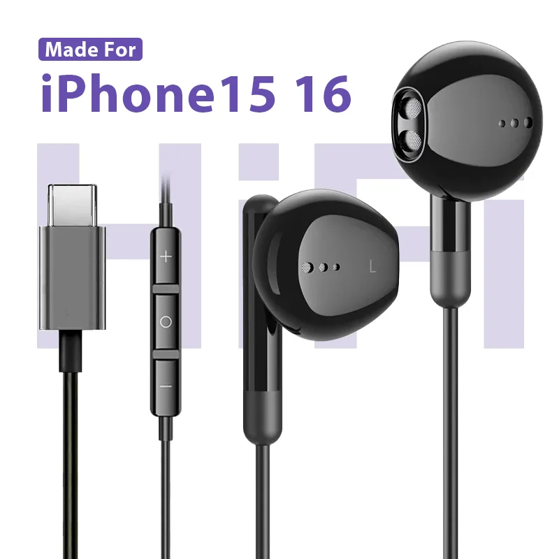 

Wired Headphones For iPhone 15 16 Pro Max Plus USB Type C Earphones With Mic Headset For Samsung Galaxy S25 S24 S23 S22 Earbuds