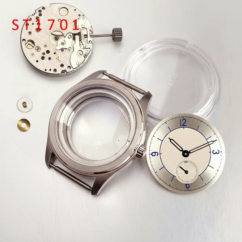 38 مللي متر حاوية من الفولاذ المقاوم للصدأ الزجاج الغطاء الخلفي خمر الفضة الهاتفي الأزرق الأيدي ملحق لحركة نورس البحر ST1701 ساعة أوتوماتيكية #1