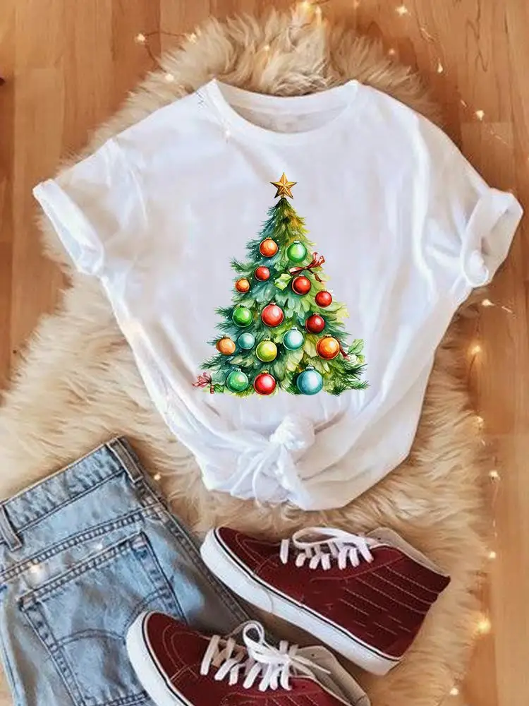 

Sweet Tree Style Cute New Year Shirt Merry Christmas Women Tee Top Fashion Lady Print Holiday Clothing Clothes Graphic T-shirts