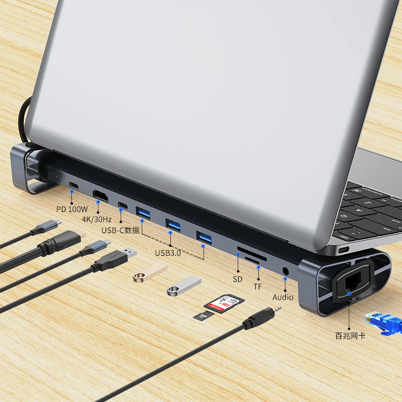 Imagem -06 - Adaptador Multiport Usb c Hub 10 em Dongle Portátil 4k Hdmi pd 100w Usb 3.0 Gigabit Ethernet Rj45 Suporte para Laptop