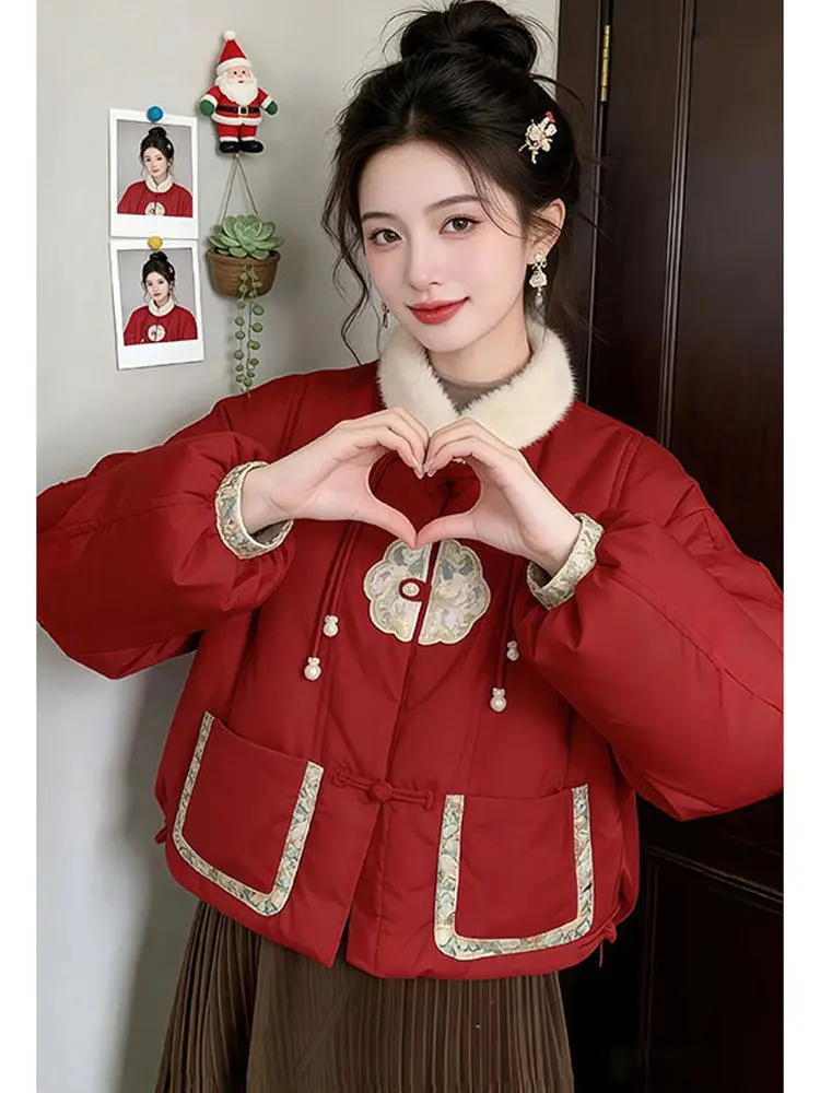 

Новое женское зимнее пальто из хлопка с вышивкой, красное, теплое, свободного кроя, в корейском стиле, длинное