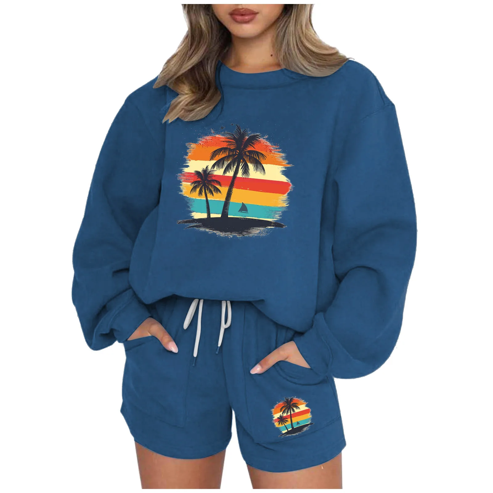 

Fashion Print Vacation Style Two Piece Set Women Casual Pullover Sweatshirt Drawstring Leace-up Shorts 2 Piece Sets Female New