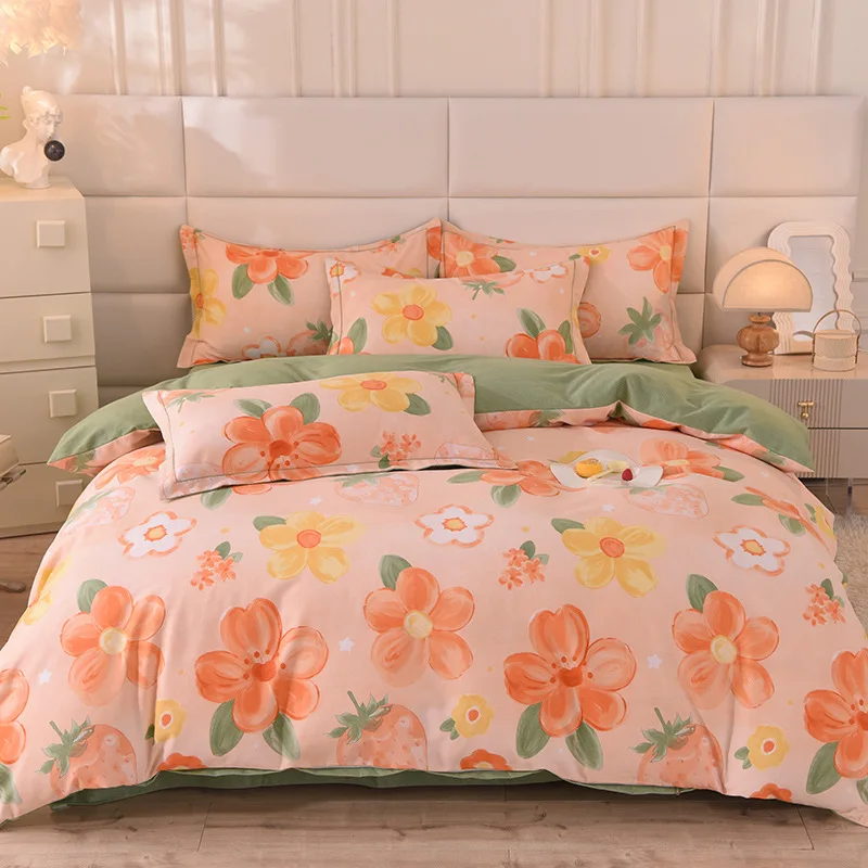 

Pure Cotton Thickened Brushed Bedding Set Flower Print Skin Friendly Duvet Set Warm Comfortable Bedclothes for Autumn and Winter