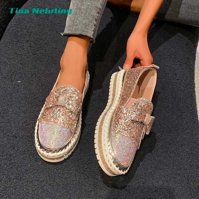 Nieuwe Vrouwen Shining Rhinestone Loafers Strik Slip-on Dikke Botton Casual Dames Mode Schoenen Vrouwelijke Platform Sneakers Sport