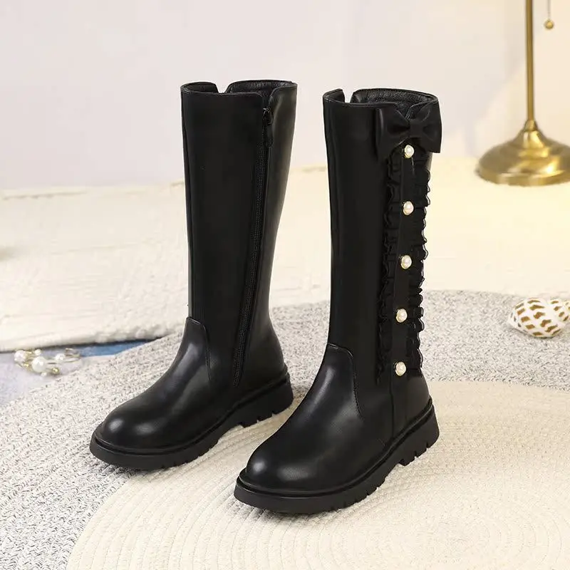 أحذية SIMLOVEYO النسائية الجديدة لمنتصف العجل فارس بمقدمة مستديرة وعقدة على شكل فراشة مقاس صغير 31 32 33 شتاء جانبي