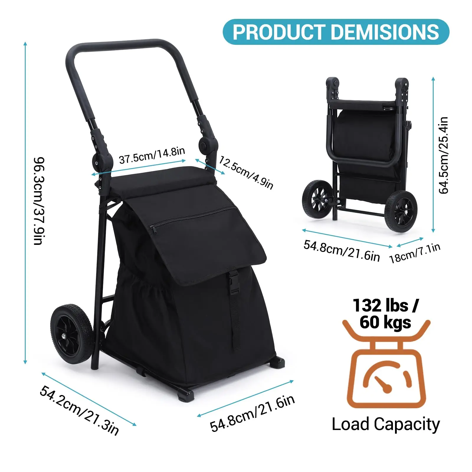 2 in 1 Foldable Grocery Cart, Portable Collapsible Shopping Cart with 32.5 Gal Removable Waterproof Bag, Cushioned Seat