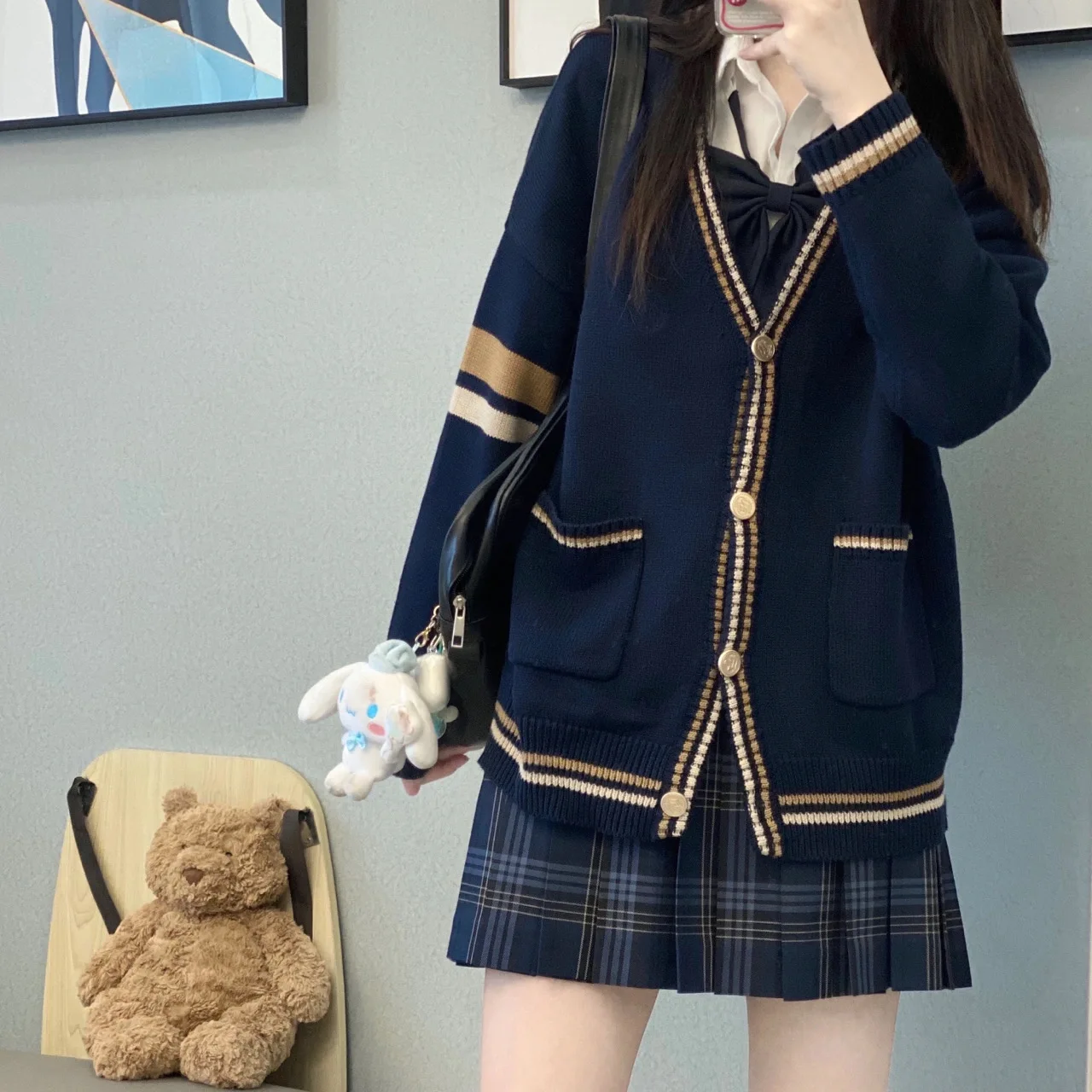 Màu Xanh Hải Quân JK Áo Len Dệt Kim Áo Khoác Cardigan DK Đồng Phục Nữ Nam Mùa Thu Nhật Bản Cổ Chữ V Giải Trí Mùa Đông Sinh Viên Áo Len