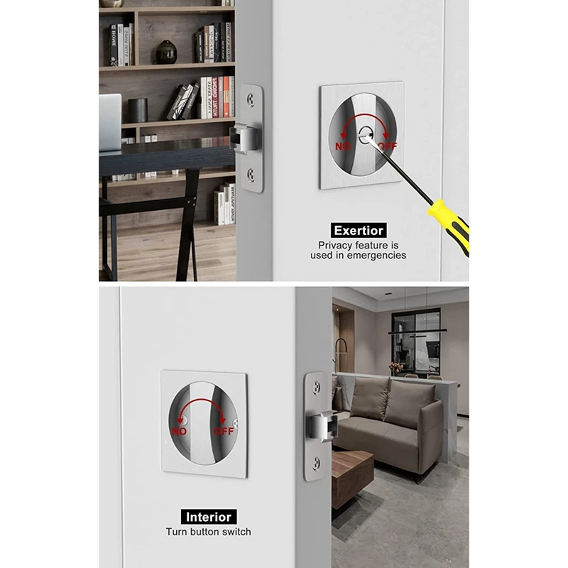 Bed/Bath Pocket Door Lock, Satin Nickel Contemporary Privacy Square Pocket Door Hardware, Sliding Pocket Door Latch-AB09