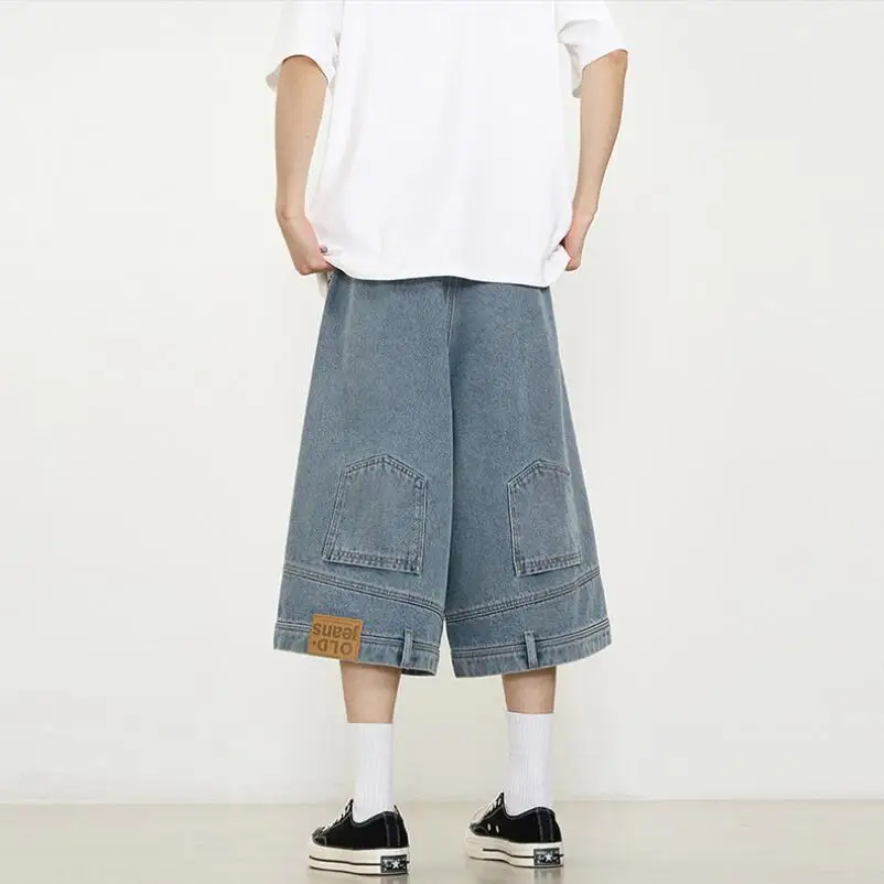 New High Street Retro Waist Reversed Design Men Denim Shorts Instagram Hip Hop Loose Casual Straight 3/4 Leg Pants Sports w779