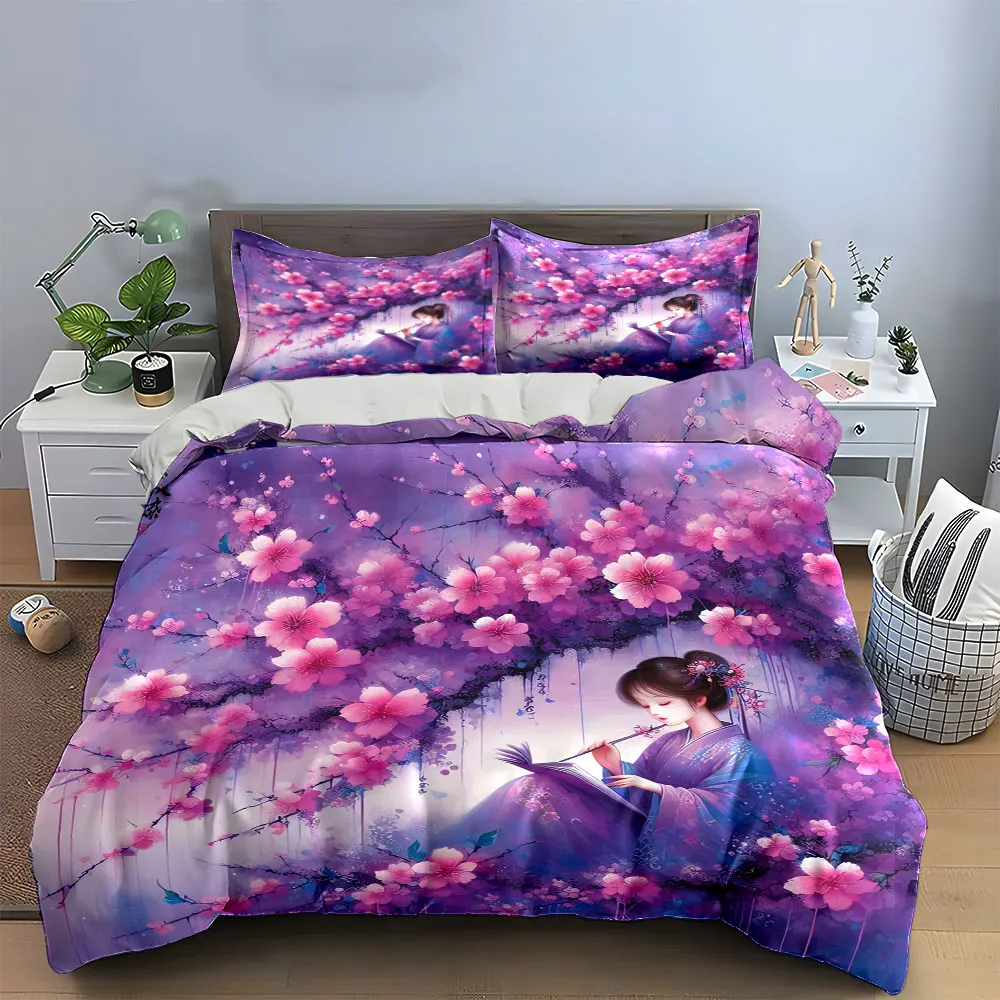 Cherry Blossom Art Decor Set Bedding Set with 1 Duvet Cover 2 Pillowcases Single Double King Queen, Gift
