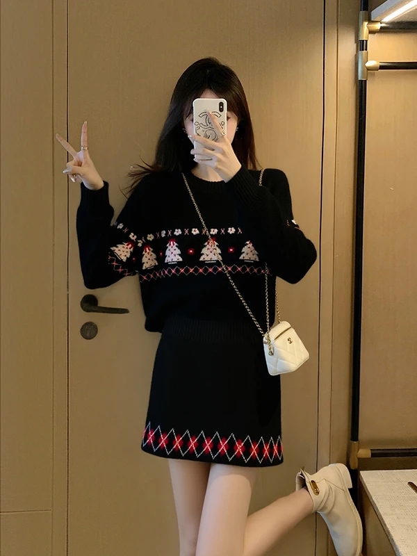 

Korean Style Chic Black Knitted Top And Skirt Set Women's Fashion Autumn Winter Two-Piece Ensemble Unique Beautiful Fair Isle...