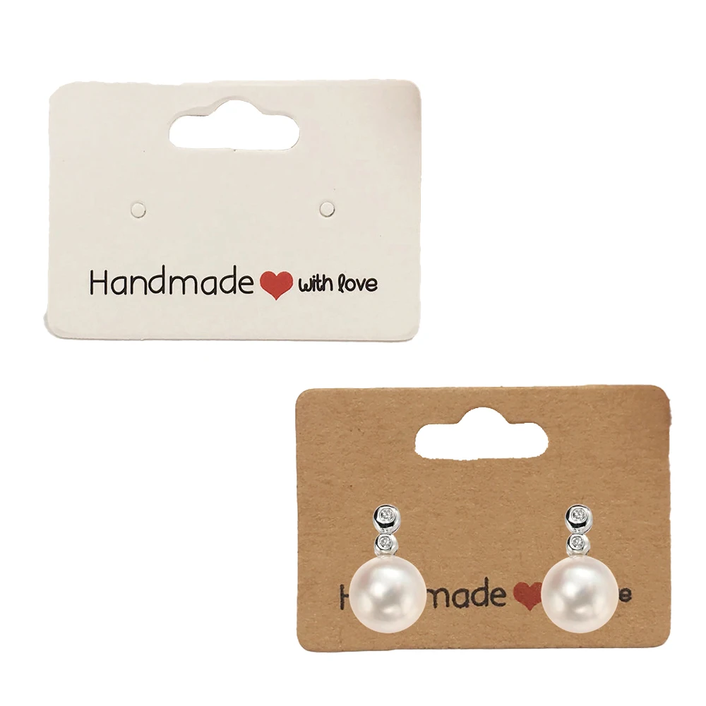 

50pcs Small Earring Display Cards White Paper Handmade With Love Tags For Ear Stud Jewelry Selling Packaging Supplies