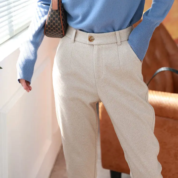 Herringbone wool Harlan pants women fall winter new high waist show thin feet suit pants loose casual smoke pipe pants