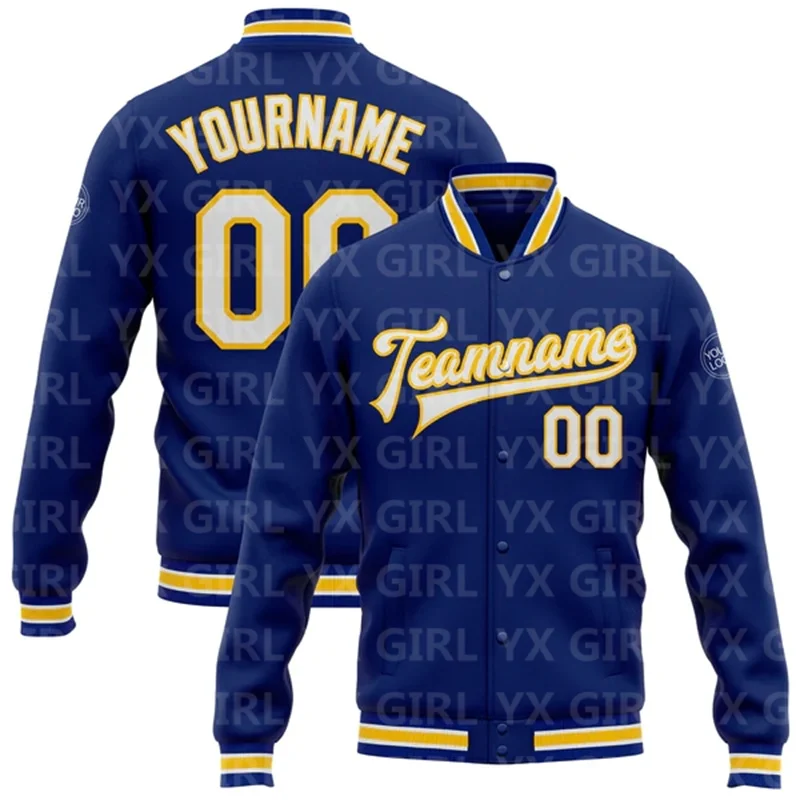 Custom Royal White-Yellow Bomber Full-Snap Varsity Letterman Jacket 3D Printed Baseball Button Jacket