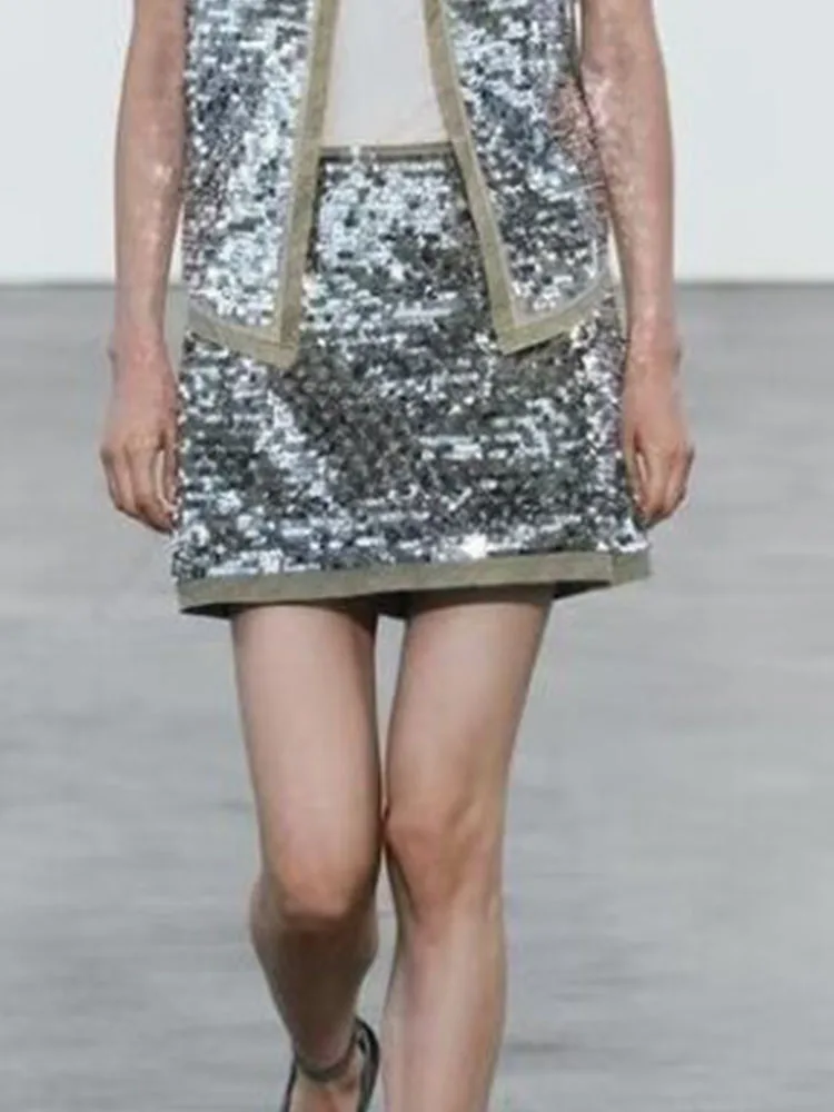 

Women Summer Mini Skirts 2024 Fashion Solid Zipper Sequins Female Elegant Street A-Line Skirt Clothing