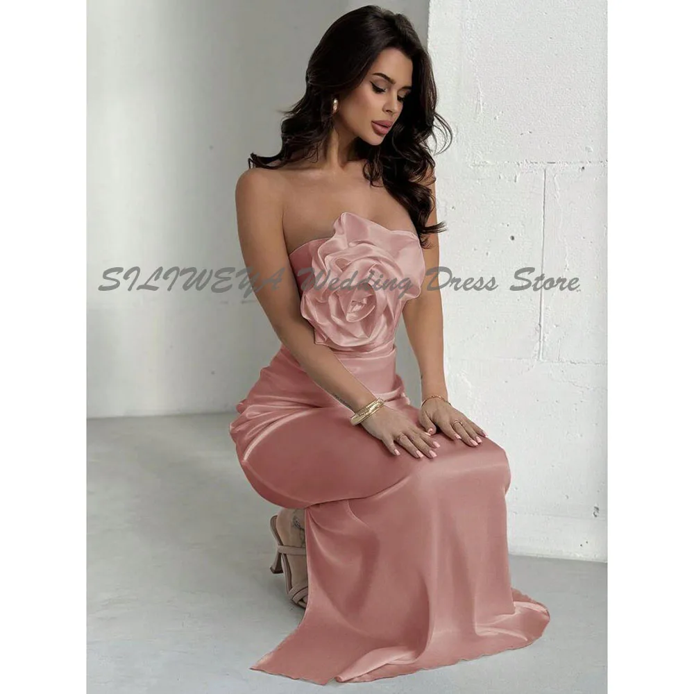 

Pink Flowers Strapless Sleeveless Mermaid High Quality Floor Length Sweep Train Celebrity Banquet Female Gowns Prom Party Simple