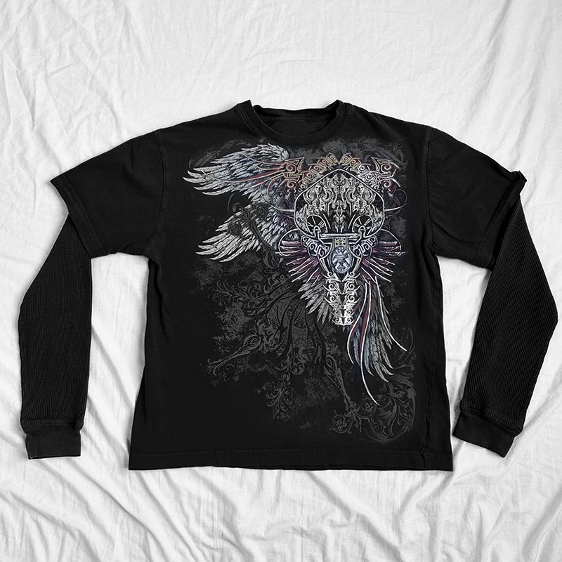 Y2K Cyber Coss Wings Print T-shirt Skull Graphic Long Sleeve Tees Grunge  Fairy Vintage Baggy Top Gothic Clothes