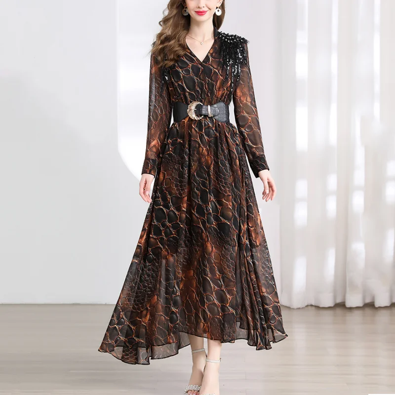 

Spring And Summer New High Waist Long Sleeve V-Neck Rivet Women's Dress High Waist Patchwork Color Elegant Vestidos With Belt