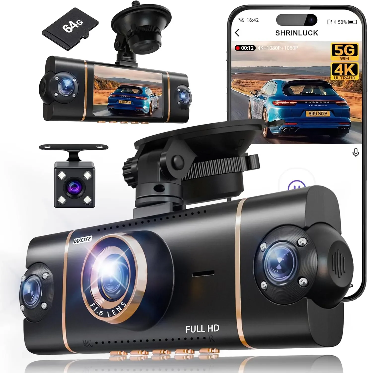 

4 Channel 360° Dash Cam Front Rear Inside & Left Right,4K+1080P*3 FHD Car Camera,5GHz WiFi & App Control,8 IR Lamps Night Vision